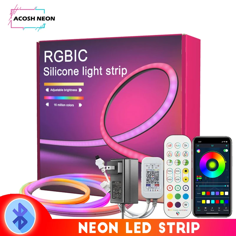 84LEDs/M Bluetooth Neon Rope Lights RGBIC Silicone Neon Lights with Music Sync DC24V LED Strip Lights for Bedroom Living Room