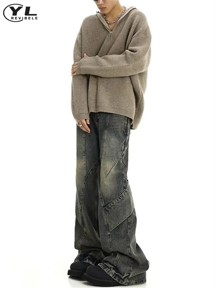 Джинсы мужские Асимметричные в стиле пэчворк винтажные прямые джинсовые брюки