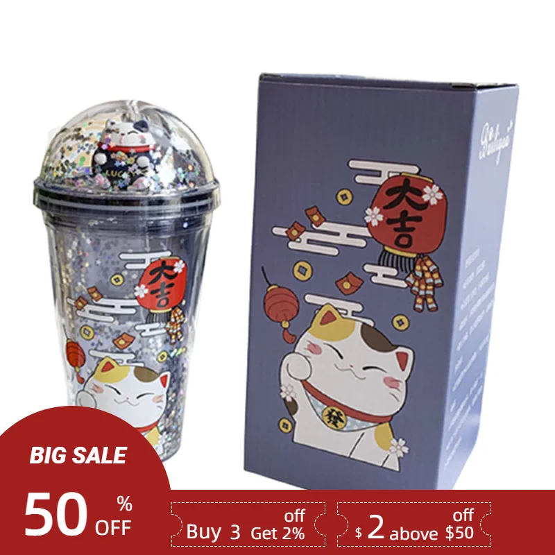 

Японская детская бутылка для воды Lucky Cat, 450 мл, с соломинкой, пластиковая чашка с толстым котом, милая удача, кот, посуда для напитков, подарок ...