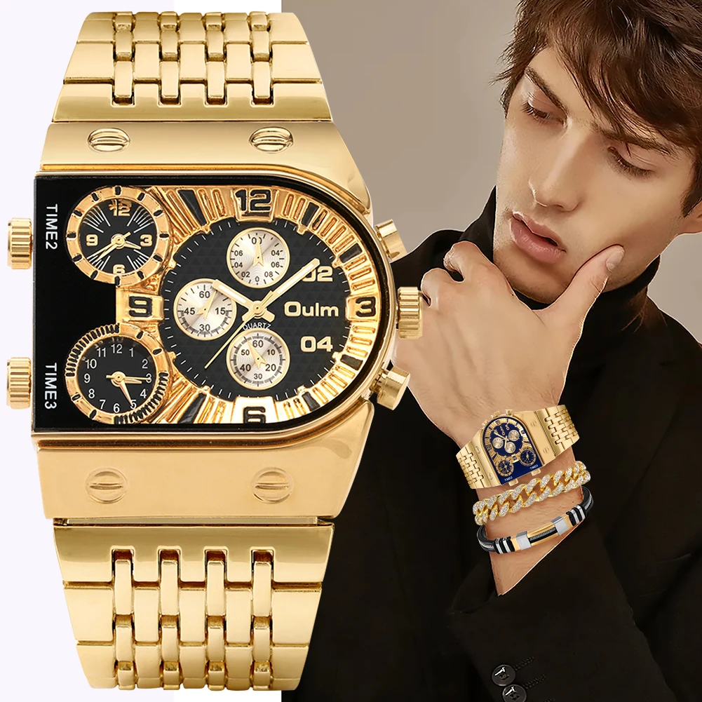 Oulm Luxury Gold Mens Watch Stainless Steel Big Dial with Calendar Quartz Wristwatch Bracelet Gift Set relógio masculino de luxo