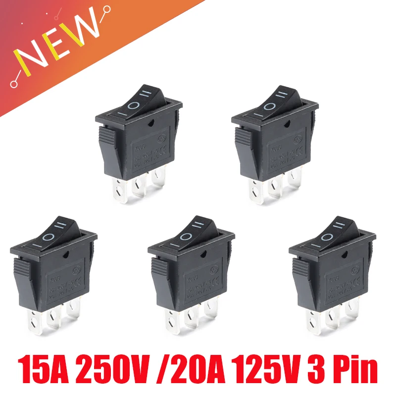 

5 pcs x AC 15A 250V /20A 125V 3 Pin SPDT KCD3 ON-OFF-ON 3 Position BLACK Boat Rocker Switch