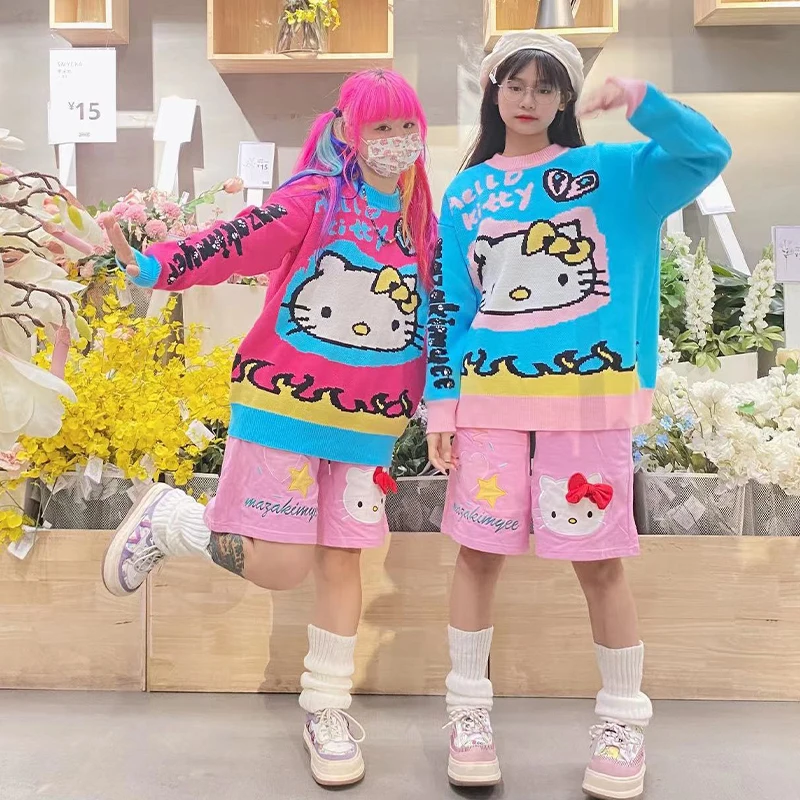 

Sanrioed Y2k кавайная японская серия Hello kitty из мультфильма Харадзюку самодельный осенне-зимний пуловер свитер оверсайз