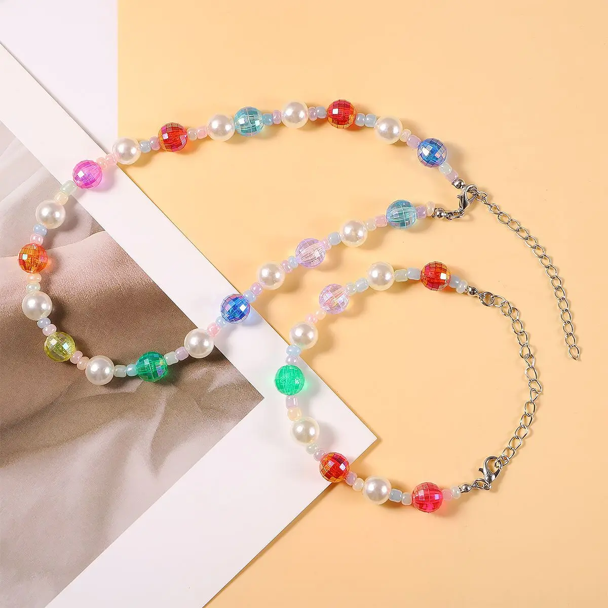 

Rainbow Acrylic Beads Pearl Cute Beaded Jewelry Set Choker Necklace Bracelet Jewelry Sets for Women Girls Christmas Jewelry Gift