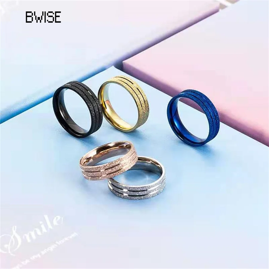 

BWISE Gold Stainless Steel Frosted Curved Large Size Ring Steel Color 6mm Wide Simple Geometric Type Gold Rings for Women