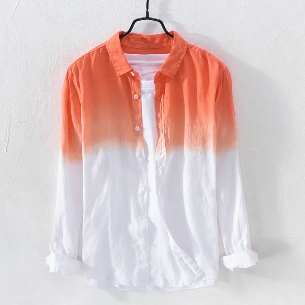 

Male Romper Gradient Dyed Lapel Summer Cotton Thin Mens Hanging Cool Breathable Collar Shirt Men Long Sleeve Shirt Set Men