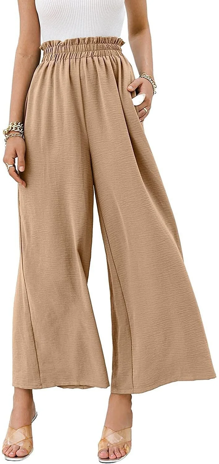 

2023 Women's High Cut Wide Leg Pants Khaki Linen Trouser Elastic Waist Pocket Casual Loose Pantalon Female Ankle-Length Pants