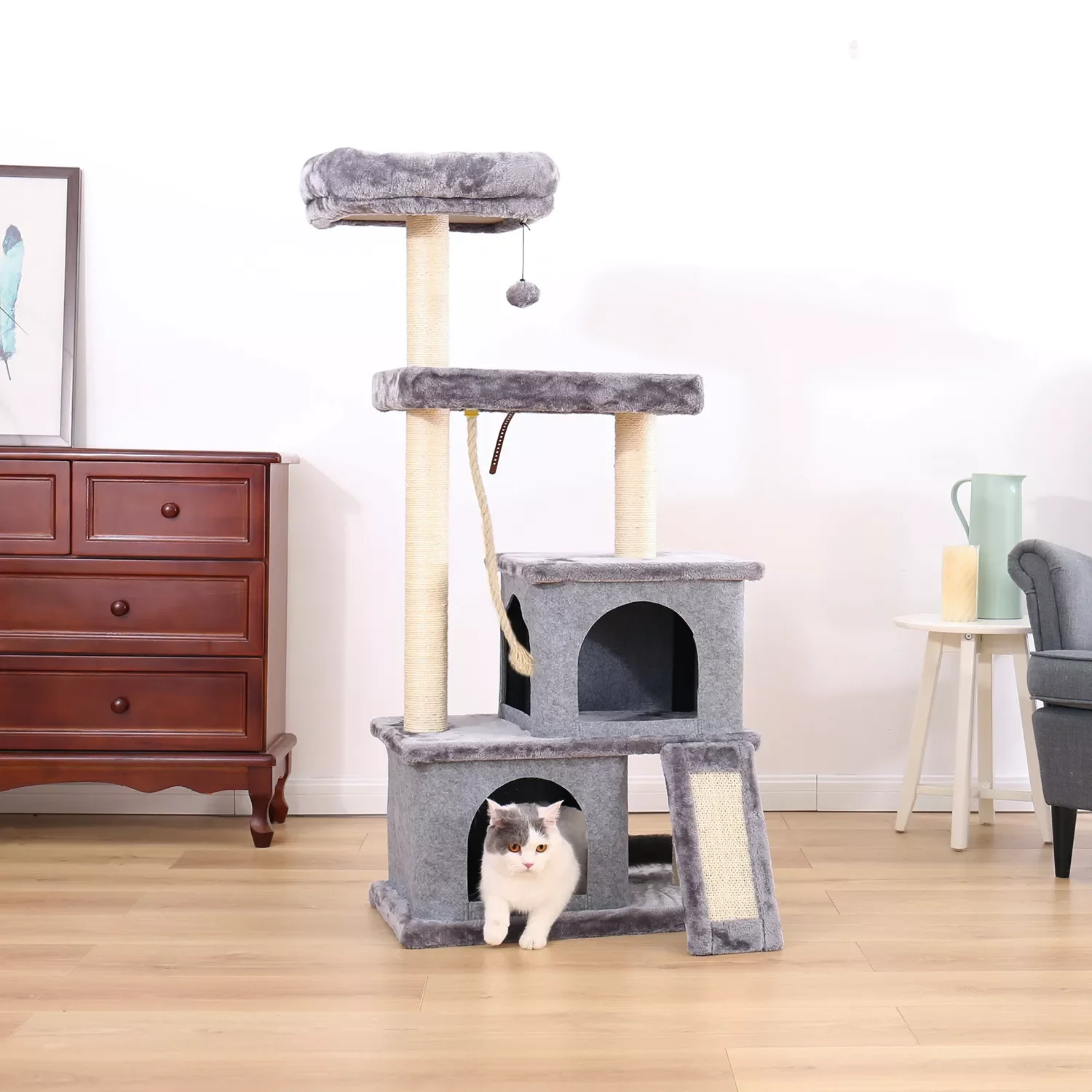 Фото Лидер продаж, многоуровневые и роскошные башни для кошек Catt Tree, 50 дюймов, с 2 разделами, просторные перчатки, Когтеточка, свисающие шарики и р... №2