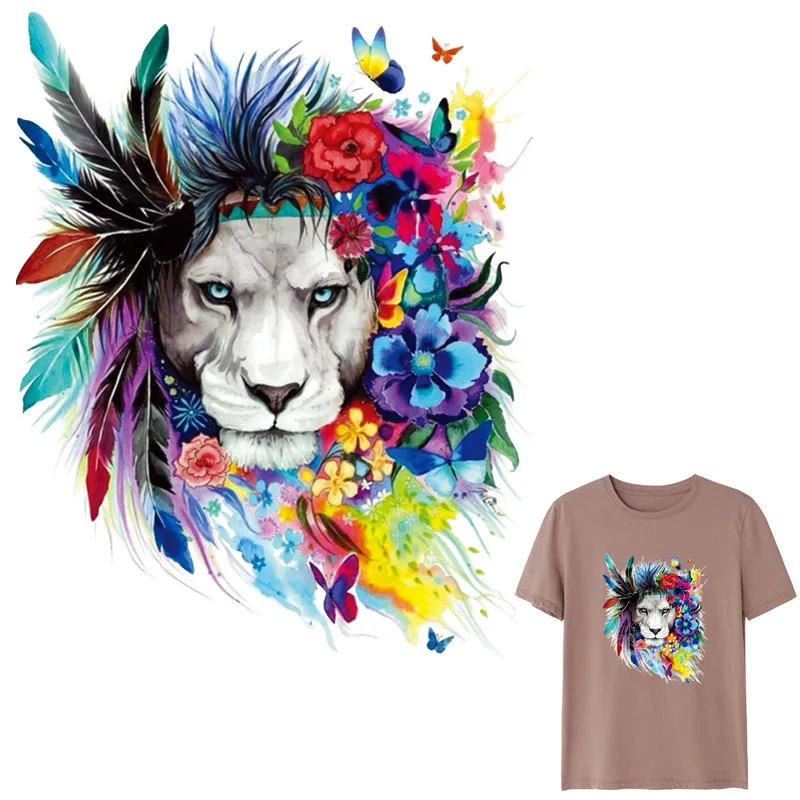 

Flowers Lion Iron-on Transfers Patches for Clothing Indian Style 3D Animal Printing Sticker Heat Transfer Clothes Accessories