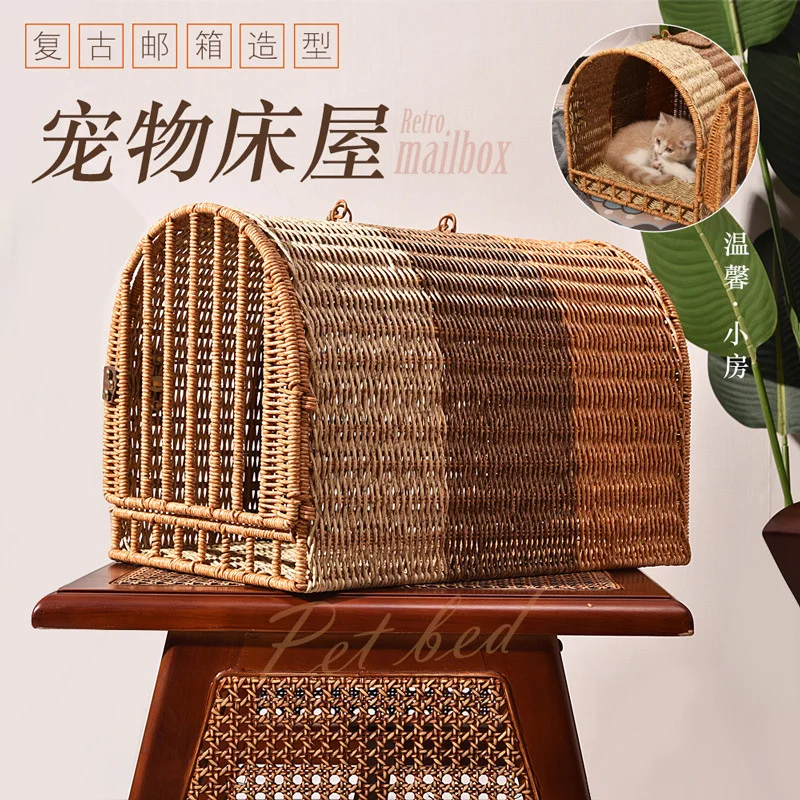

CAMIGEL Cat Cage Portable Out Portable, Rattan Woven Cat Nest Basket, House Travel Walking Cat Bag