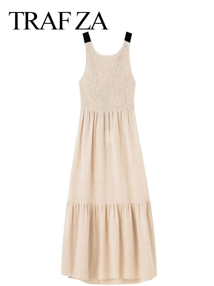 

Элегантное повседневное бежевое хлопковое удобное женское платье до щиколотки TRAF ZA, Легкое свободное домашнее женское платье без рукавов