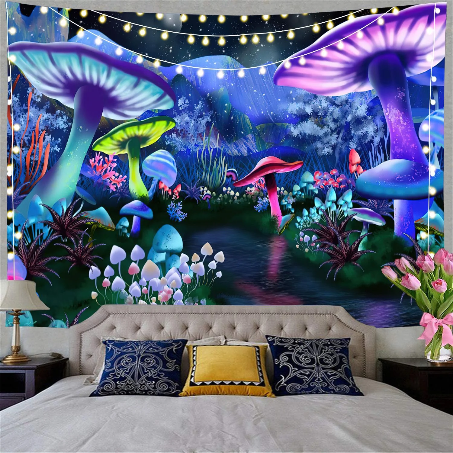 

Psychedelic Mushrooms Tapestries Fairy Tale Forest Wall Decor Colorful Natural World Wall Hanging Tapestry for Home Room Dorm