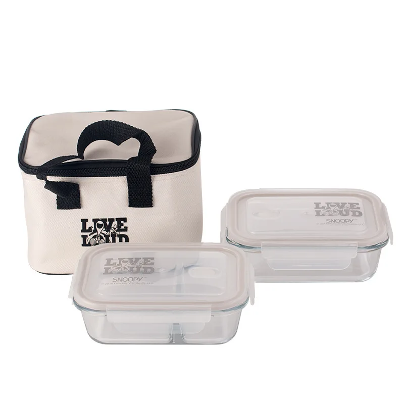 

Snoopy Cartoon Animation Glass Lunch Box Set Fresh-Keeping Bento Bowl Storage Bag Three-Piece Set Is Exquisite and Convenient