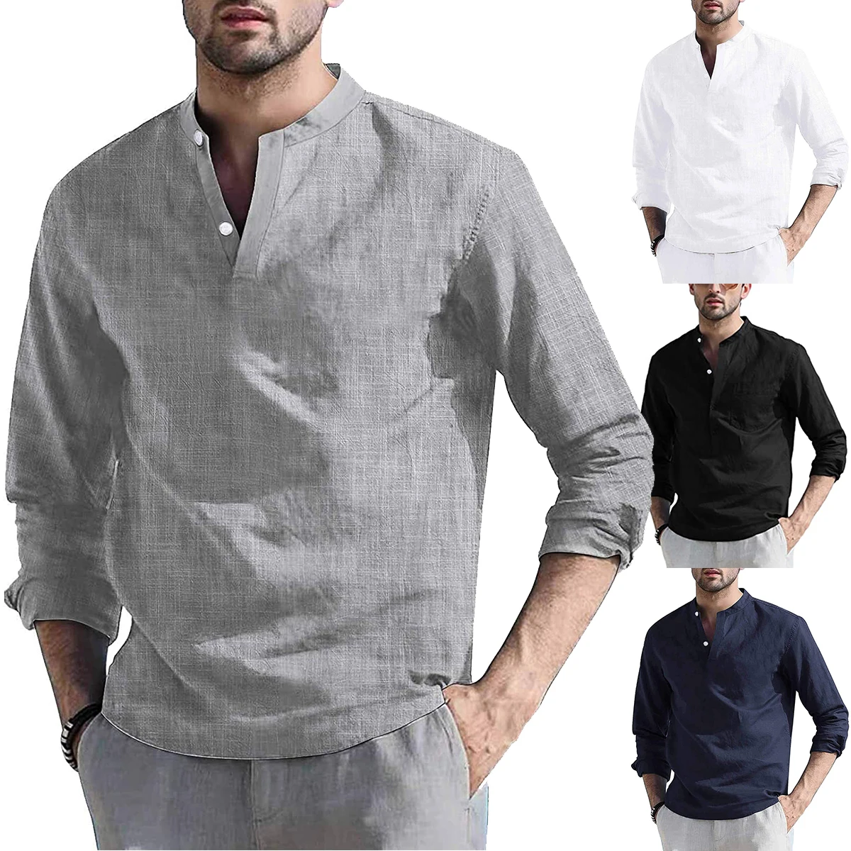 

Men's Casual Long Sleeve Linen Shirts Fashion Spring Cotton Linen Blouse Shirts Men Shirt