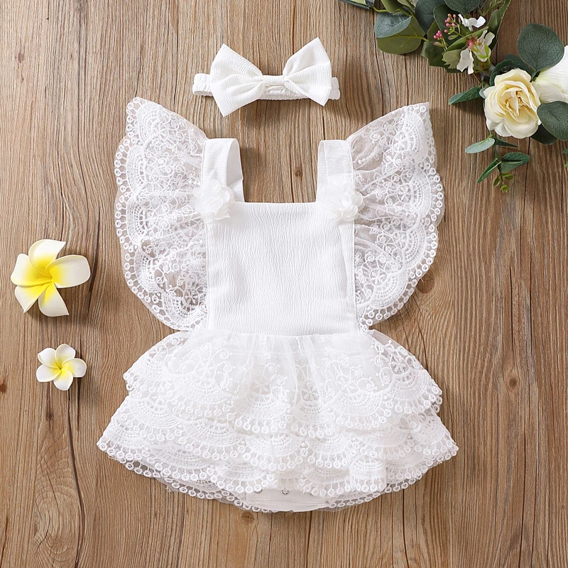 

Summer Infant Lace Romper Outfit Baby Girls Sweet Style Flower Pattern Fly Sleeve Layered Skirt Splicing Jumpsuit + Headwear
