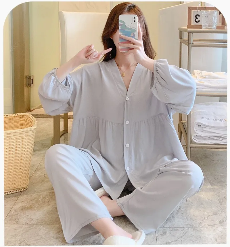 Girls' Cotton Clothes Cardigan V-neck Nine Minutes Two Pieces Young Women Thin Sweet And Lovely Spring And Autumn Pajamas 2022