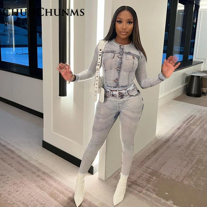 

Sexy Tight Long Sleeve Contrast Top High Waist Lifting Hip Pants Women Set 2 Piece Casual Printed T-shirt Stretch Trouser Street