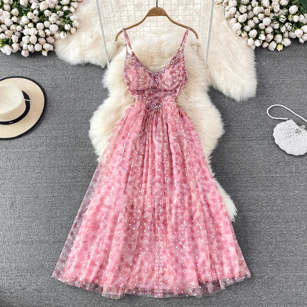 

Flower Sling Dress 2022 Summer Girls Sweet Cut V-neck Diamond Spaghetti Strap Dress Women Age Reduce Waist Slim Sleeveless Dress