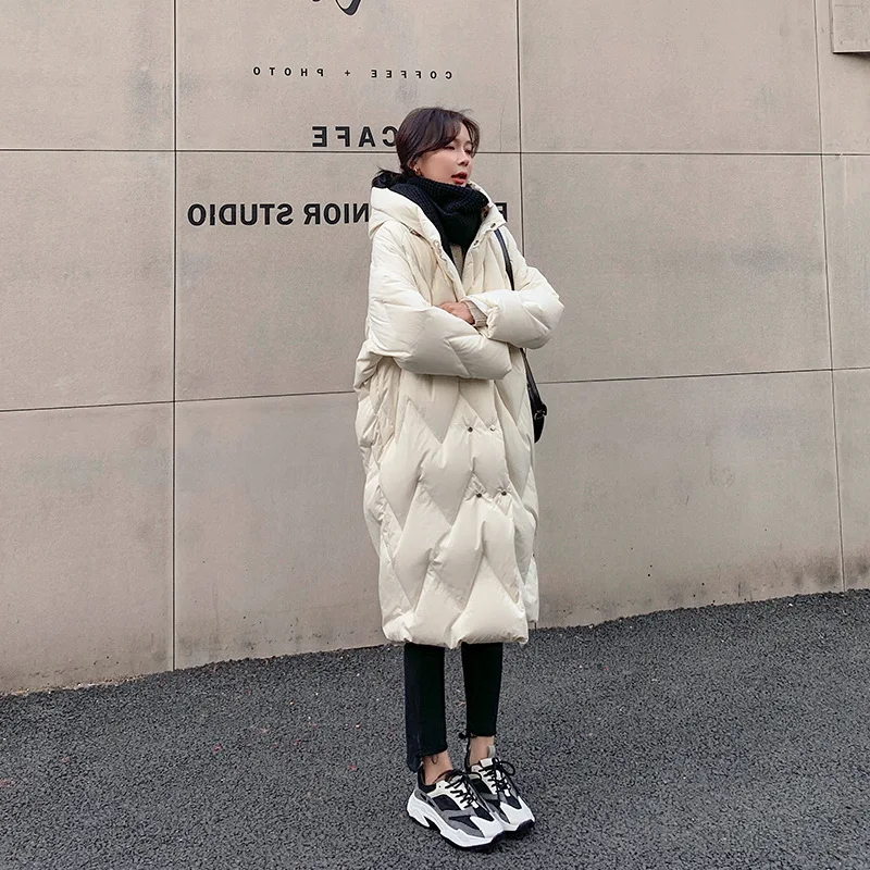 

Women 2022 Winter New Fashion Solid Color Down Jackets Female Long Hooded Outerwear Ladies White Duck Down Warm Coats B47