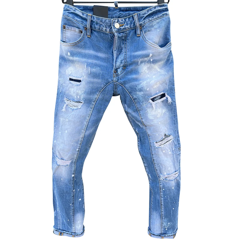 Starbags DSQ Trendy men's water wash, worn holes, patches, ink, car, small feet, blue jeans men