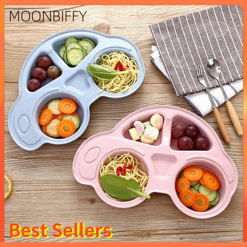 

Baby Dishes Cartoon Car Shape Separated Child Food Plates Kids Dinnerware Tray Toddler Infant Fruit Bowl Wheat Straw Tableware