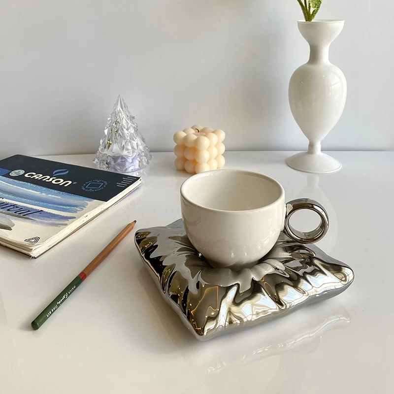 

Nordic Solid Color Ceramic Mug Creative Simulation Pillow Coaster Cute Coffee Cup Milk Juice Cup Living Room Wedding Decor Cup
