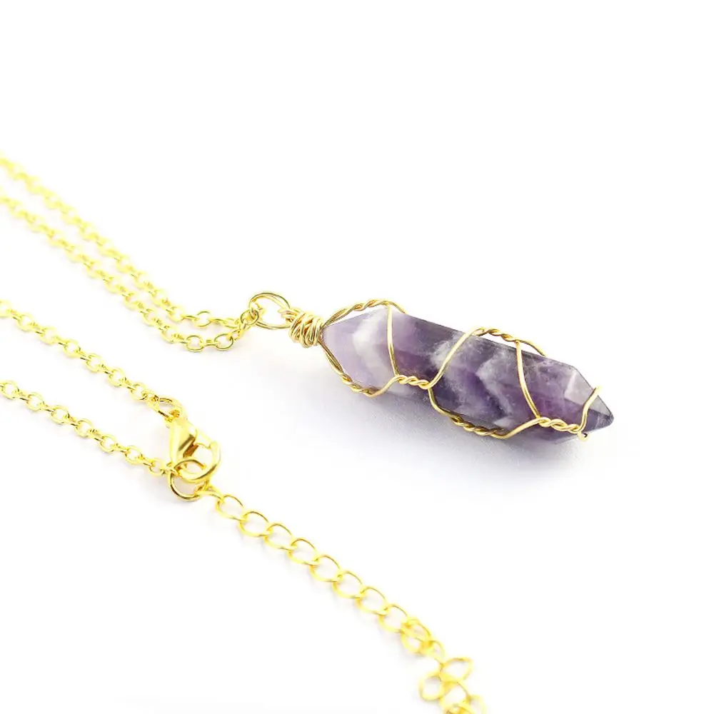 Natural Stone Hexagonal Pillar Winding Pendant Necklace Energy Colorful Crystal Charm Chain Jewelry for Women |