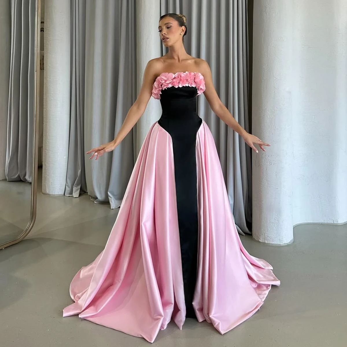 Haute Couture 2-цветное платье макси для выпускного вечера с оборками и цветочным