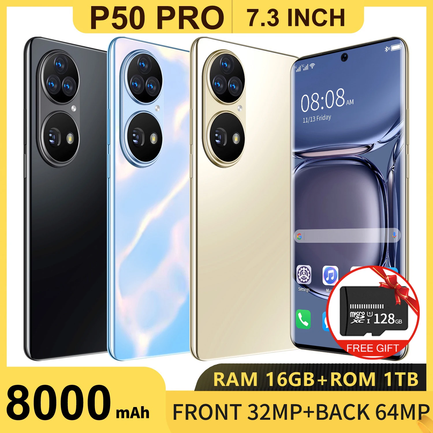 

Оригинальный смартфон P50 PRO 5G 16 ГБ + ТБ, 8000 мАч, камера 64 мп, разблокированные мобильные телефоны 7,3 дюйма, сотовые телефоны MT6893 Android11 Celulares