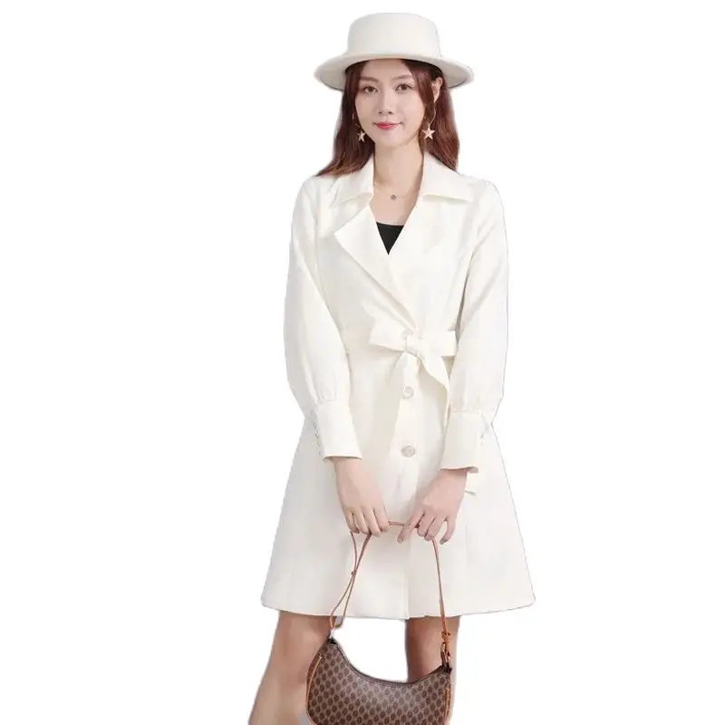 

Women Windbreaker 2022 Mid-length Creamy-white Trench Coat Female Long Sleeve Thin Spring Summer Coats Ladies Slim Fashion Tops