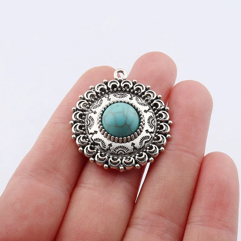 

4 x CircleTibetan Silver Boho Imitation Turquoises Stone Charm Pendants For DIY Necklace Earring Jewelry Making Accessories