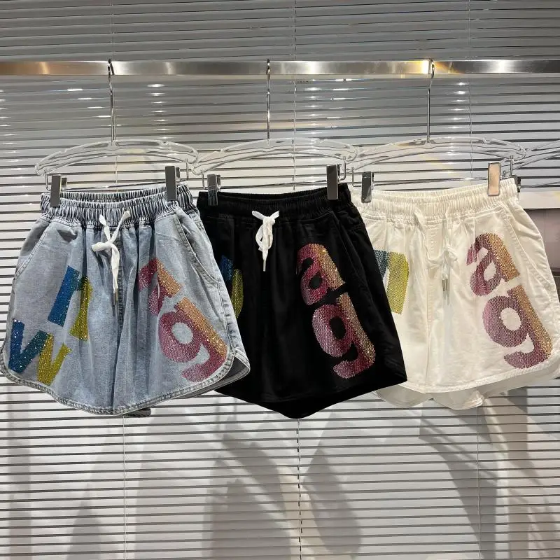 

New Summer Women Hot Shorts Colorful Letters Hot Drilling Drawstring Elsatic Waist Loose Wide Leg Pants Streetwear Denim Shorts