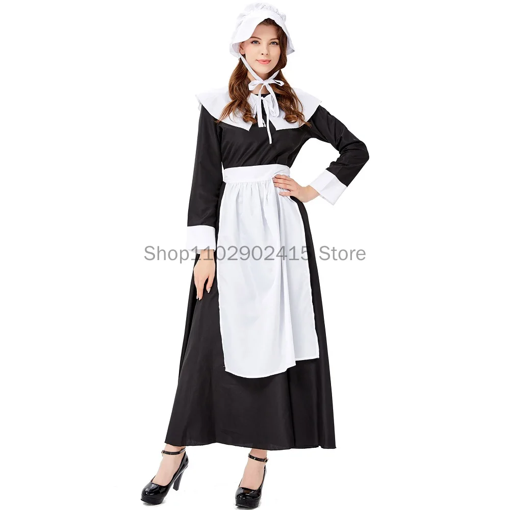 

2023 New Medieval Farm Maid Cosplay Costume Halloween Stage Performance Idyllic Maid Fancy Dress Black White Long Sleeve M-XXL