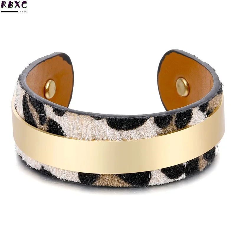 

RBXC Trendy Gold Velvet Leopard Cuff Bracelets For Women&Men Charm Metal Leather Bracelet Bangles 2020 Fashion Party Jewelry