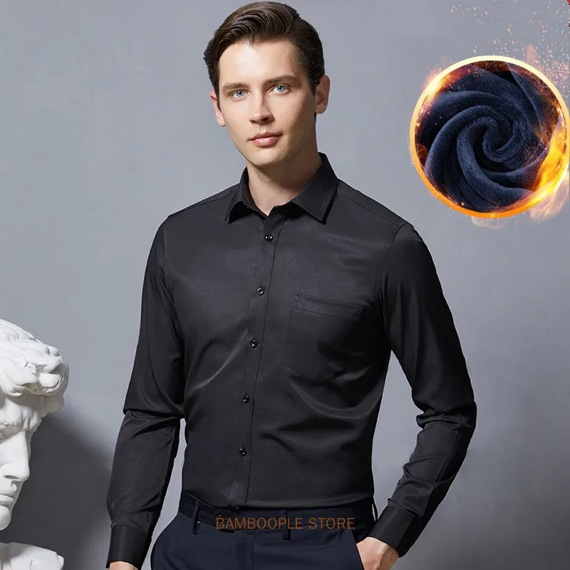 Winter Warm Shirts for Men Long Sleeve Plus Velvet Thickened Solid Elastic Dress Shirt Slim Fit Formal Social On Iron Clothes