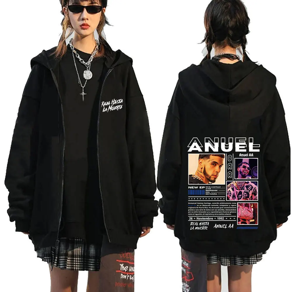 Rapper Anuel AA Real Hasta La Muerte Zip Up Hoodies Mens Clothing Vintage Hip Hop Hooded Zipper Sweatshirts Pullover Jacket Coat