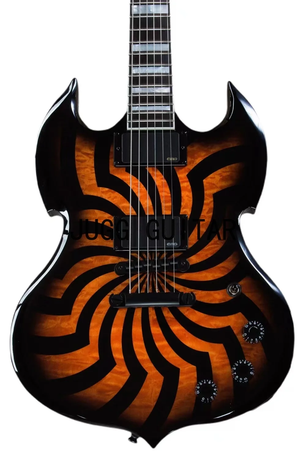 

Wylde Audio Barbarian HellFire Black Buzzsaw Orange SG Electric Guitar Quilted Maple Top, Large Block Inlay, 3 Speed Knobs