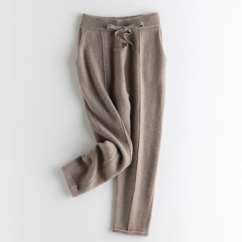 Women Pants 2021 New Autumn And Winter Soft Comfortable High-Waist 100% Cashmere Knitted Thickening Pants Female Elastic 4Colors
