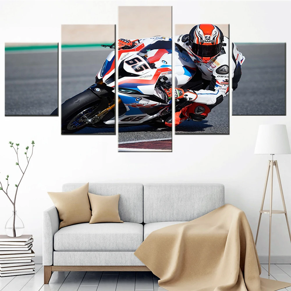 

5 Pieces Wall Canvas Art BMW Racing Bike Poster Painting Living Room Picture Print Bedroom Mural Modular Home Decor Framework