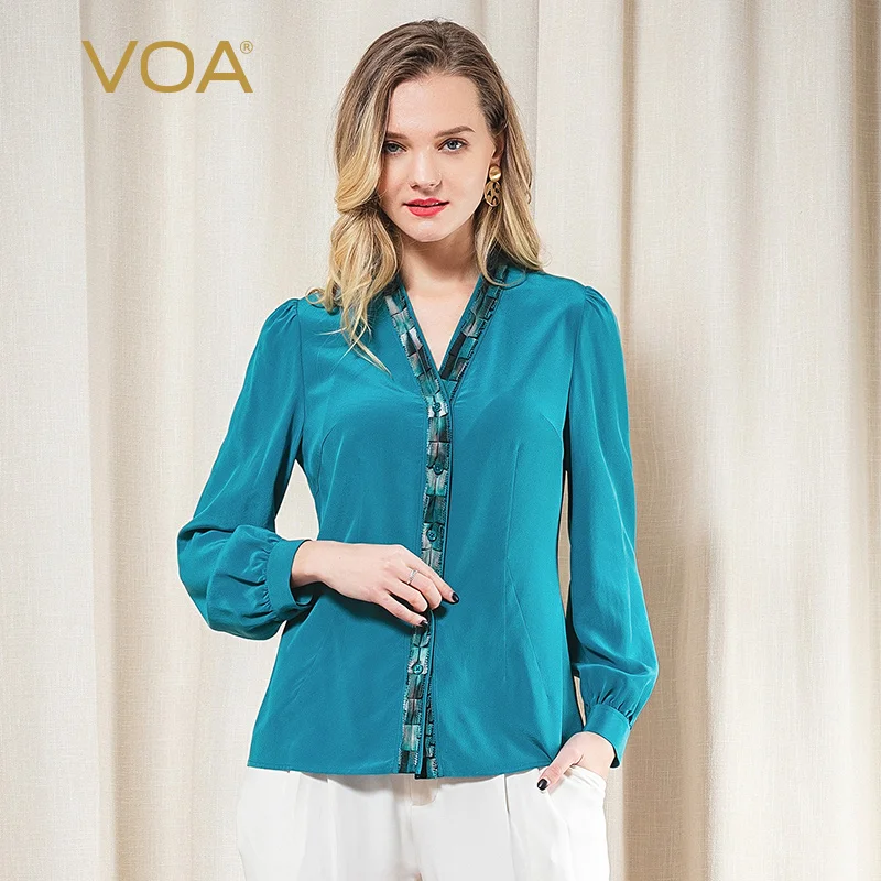 

(Clearance Sale) VOA Silk Crepe-De-Chine Printed Georgette Splicing Deep V-neck Long-Sleeve Single-Breasted Slim Shirt B9529