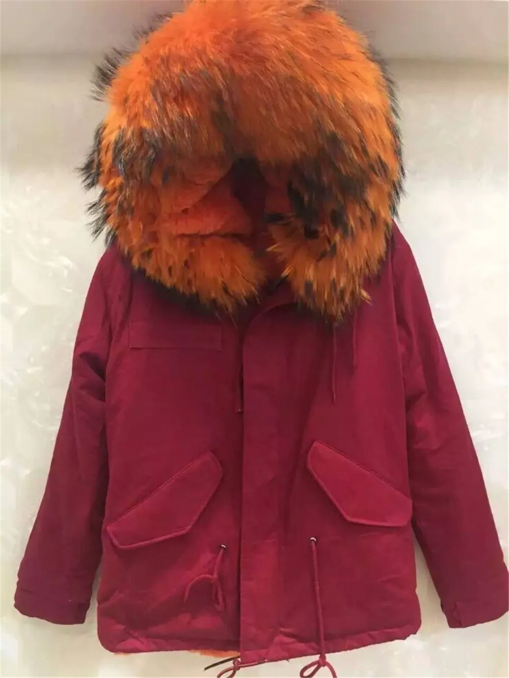 Высококачественная оранжевая меховая парка зимнее короткое пальто из