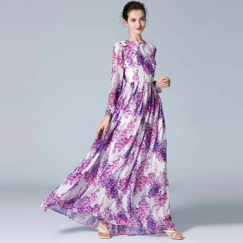 

Floor Length Dress Women Summer 2020 New Flowers Printed Round Neck Long Sleeved Slimming A-Line Elegant Dress Chiffon S-XL