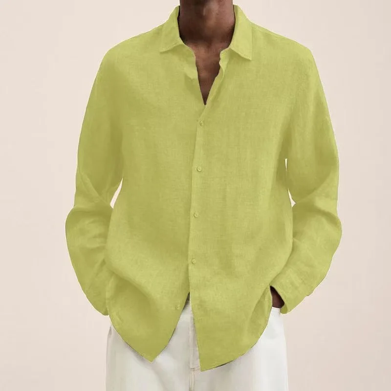 New Men's Linen Cotton Shirts Fashion Casual Long Sleeves Loose Solid Color T-Shirts Lapel Buttons Versatile Breathable Tops