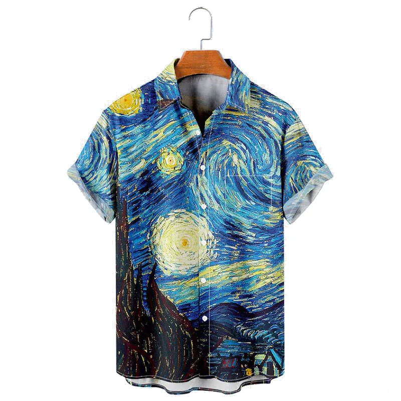 Molilulu Men's Fashion Vintage Clothing Retro Van Gogh The Starry Night Lapel Loose Short Sleeve Funky Hawaiian Shirts for men
