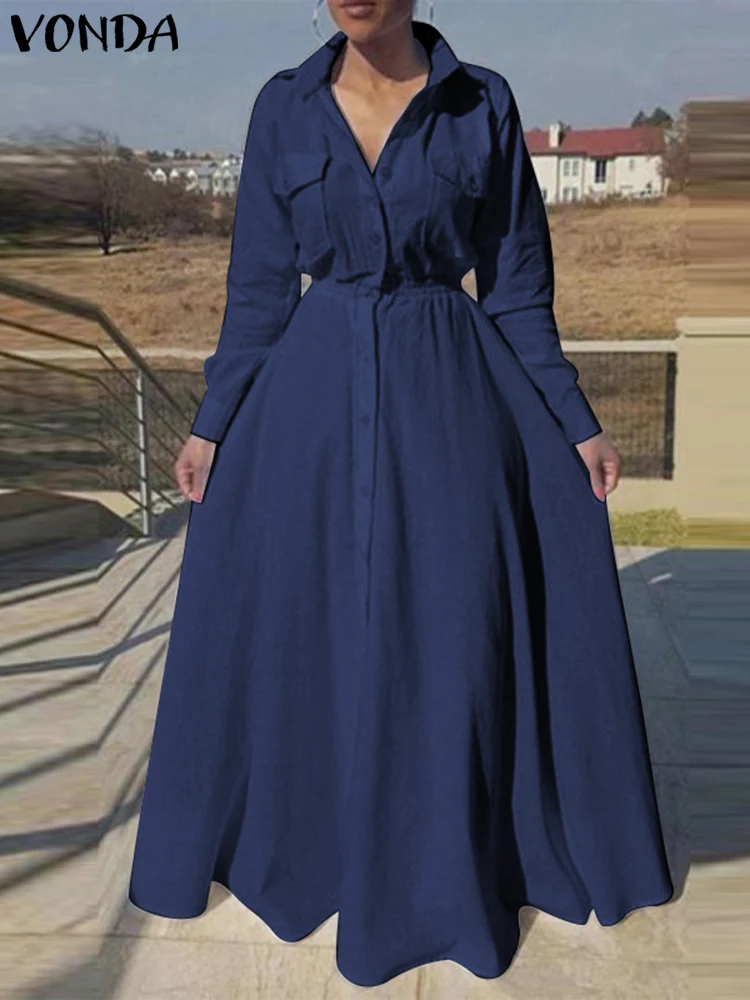 

VONDA Women Pleated Casual Sundress 2023 Fashion Autumn Long Sleeve Bohemian Maxi Dress Lapel Collar Loose Solid Button Up Dress