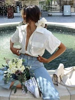 solid white office ladies blouse short sleeve turn down collar pockets chic sexy tops fashion summer female shirts blusas mujer