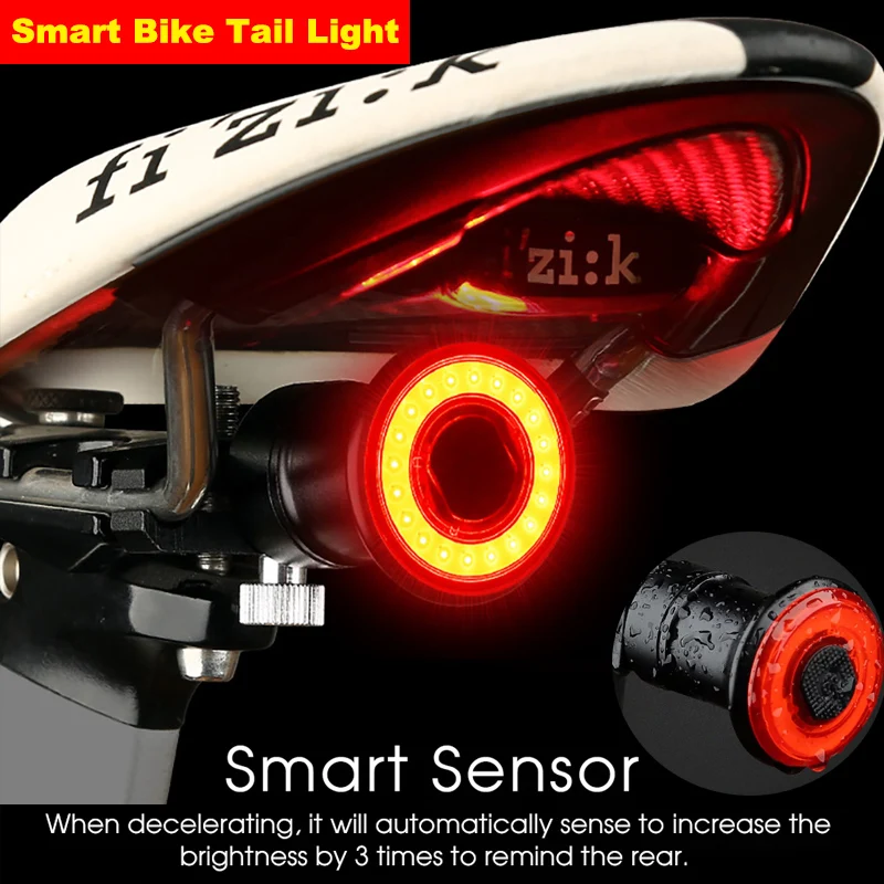 Smart Bicycle Tail Rear Light Auto Brake Sensing Light IPX6 Waterproof USB Charge Cycling Tail Taillight Bike Warning LED Light