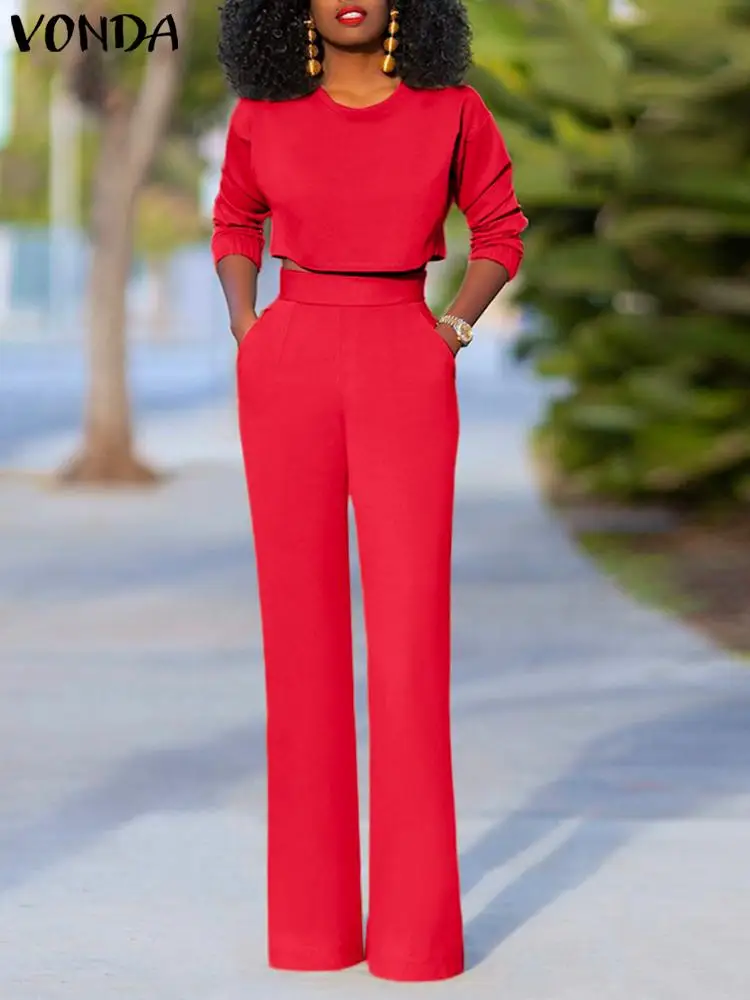 

VONDA Fashion Matching Sets Summer Women Pant Sets 2022 Long Sleeve Tops Tunic Casual Female Solid Baggy Wide Leg Pant Suits