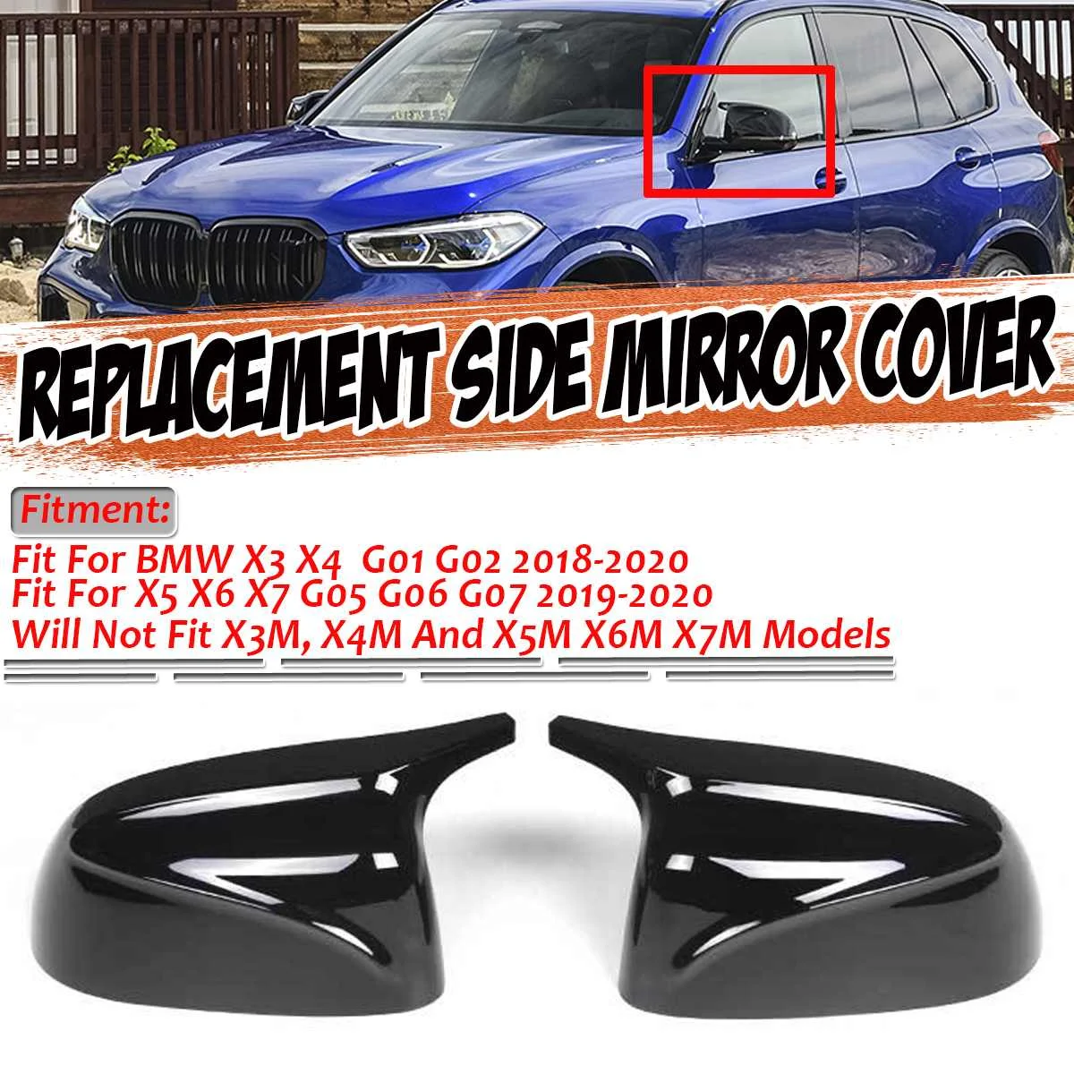 

2PCS M Style Car Rear View Side Mirror Cover Trim For BMW X3 X4 G01 G02 2018-2020 X5 X6 X7 G05 G06 G07 2019-2020 Glossy Black