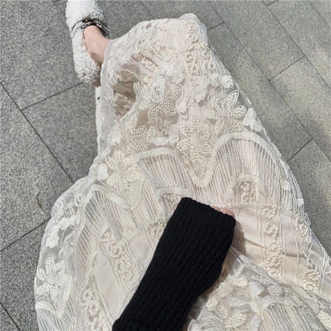 Embroidered Flower Lace Skirt Spring Summer Women High Waist Boho Beach Long Skirts Vintage Pletaed Gauze Skirt Sweet Beige N430