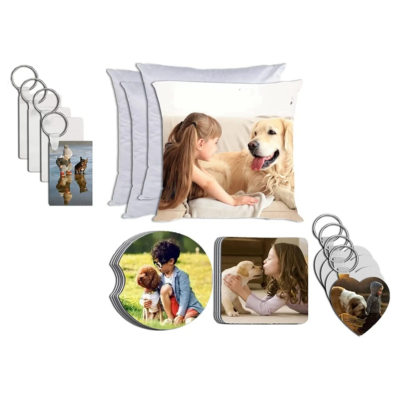 

28Pcs Sublimation Blanks Set, Blank Keychain, Cup Mats DIY Painting Sublimation Transfer Heat Press Painting Accessories